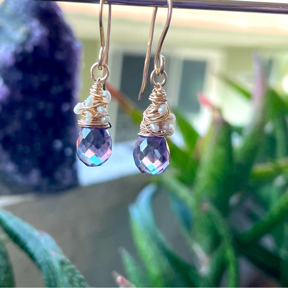 Alexandrite Crystals And Pearls Artisan Earrings 14K Gold Filled - Picture 3 of 16